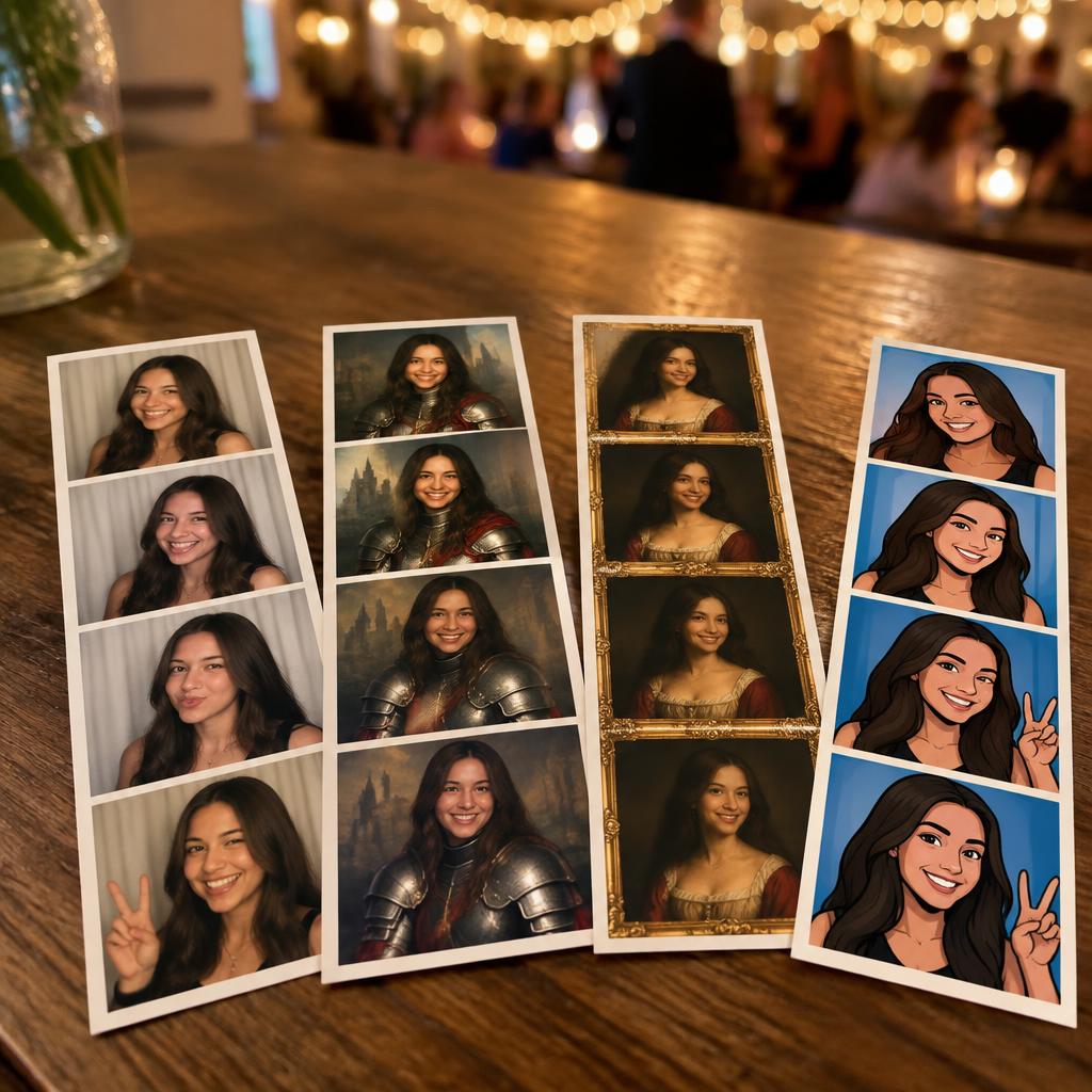 Beispielbilder: Fotostreifen mit normalen Fotobox-Aufnahmen und KI-Porträts derselben Gäste